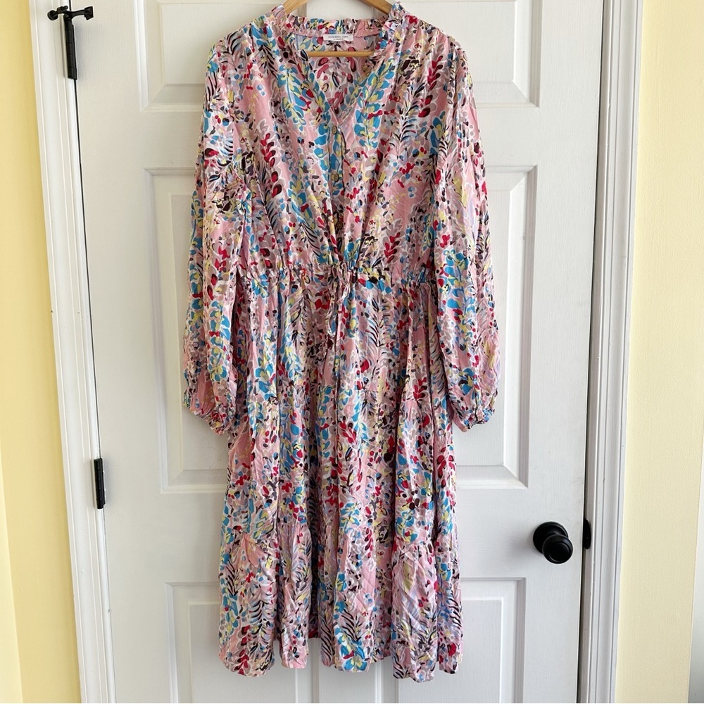 Chicsoul Pink Floral‎ Ruffle Cap Sleeve Baby Doll Tiered Midi Dress 1X